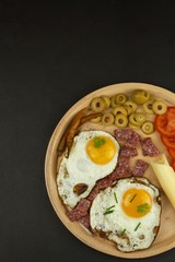 Fried Eggs on a plate. A hearty breakfast for athletes. Healthy food.
