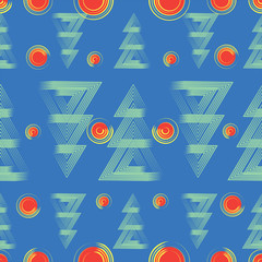Christmas trees and circles. Seamless pattern. Christmas tree made from triangles and circles toys on a light blue background.