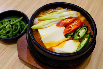 Kimchi soup tofu. Korea food.