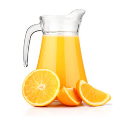 Jug with fresh orange juice and fruits isolated