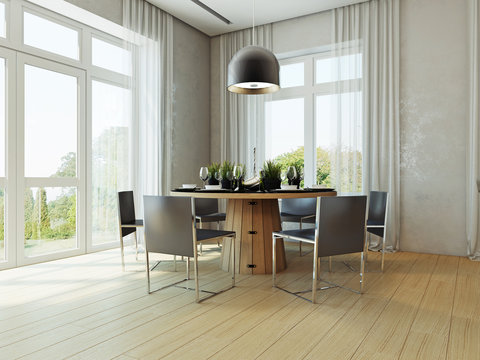 Современный интерьер столовой в частном доме 3d rendering