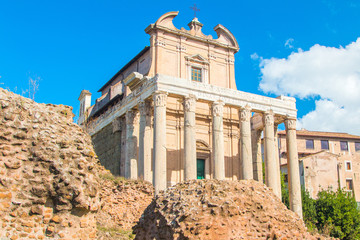 Fototapeta na wymiar Temple of Antoninus and Faustina, adopted to church of San Lorenzo in Miranda, Forum Romanom (Roman Forum), Rome, Italy 