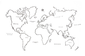 World map ink illustration isolated on white background.