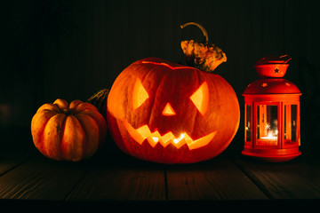 Close up View of Scary Halloween Pumpkins using for Halloween Background