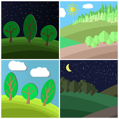 Obraz premium Set of summer landscape. Day and Night on a Clearing in the Forest. Cartoon vector illustration. 