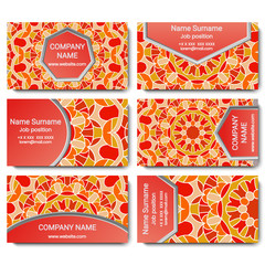 Set of vector visiting card with mandala. Geometric mandala pattern and ornaments. Front page and back page.
