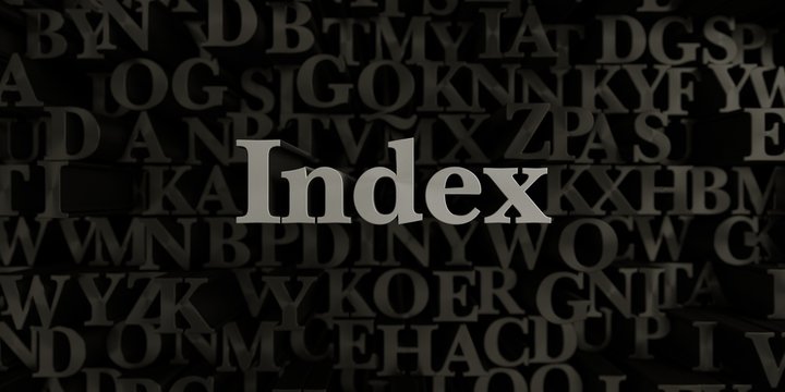 Index - Stock image of 3D rendered metallic typeset headline illustration.  Can be used for an online banner ad or a print postcard.