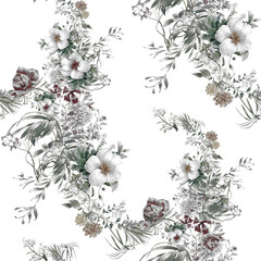 Watercolor painting of leaf and flowers, seamless pattern on white background