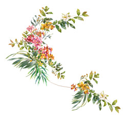 watercolor painting of leaves and flower, on white background
