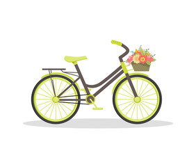 Beautiful flat rustic bicycle with flowers in basket. Floral vintage journey concept. Good for cards, greeting, invitation, wedding, note book cover, decoration. Vector illustration isolated on white.
