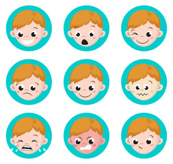 Boy Emotion Faces Cartoon. Isolated set of male avatar expressions. Vector Illustration
