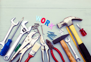 Repair tools on wooden table 