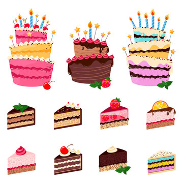Colorful sweet cakes and cakes slices pieces isolated on white background. Set of cakes. Vector illustration