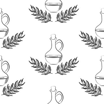 Jug glass of Olive oil with cork stopper and branch with leaves. Hand drawn design element. Vintage illustration, decorative frame. Isolated on white background, seamless pattern