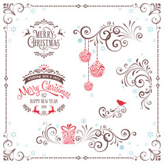 Winter flourishes with with typography design, Christmas balls, gift box, bird and deers. Vector file.