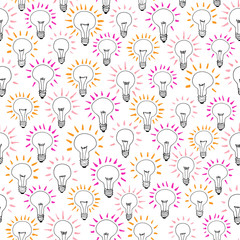 Seamless pattern with cartoon idea light bulb. Vector doodle background. Cute style