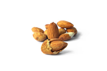 Roasted Almond nut in shell and shelled on white background.