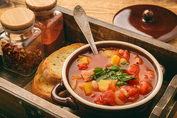 Hot bean soup with bacon and vegetables.