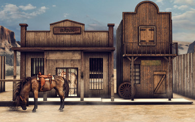 Koń przed budynkiem banku na Dzikim Zachodzie
