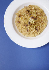 A dinner bowl of chicken and mushroom risotto rice on a bright blue background
