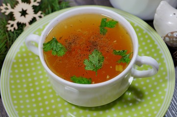 Traditional broth served at Christmas dinner - energy and warming meal on a cold day
