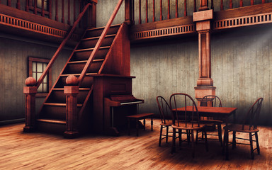 Drewniane schody, pianino i stół w barze na Dzikim Zachodzie