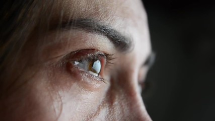 The woman is crying. Close-up eyes and tears.