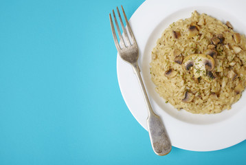 A dish of chicken and mushroom risotto with fork on a bright blue background forming a page border