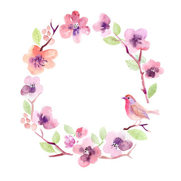 Watercolor floral greeting card. Flowers sakura. Handmade. Vintage background