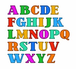 English alphabet, capital letters, colored with a thin outline. Vector colored serif font and a subtle contour on white background. 