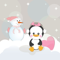 Greeting card cute cartoon snowman and penguin with heart on a gray background
