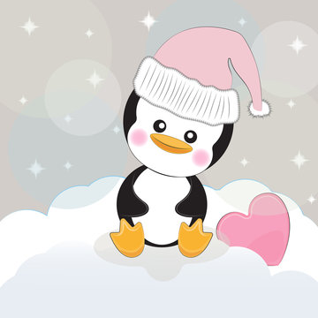 Greeting card cute cartoon pinguin with heart on a gray background.