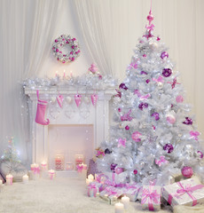 Christmas Tree Interior, Xmas Fireplace in Pink Decorated Indoor