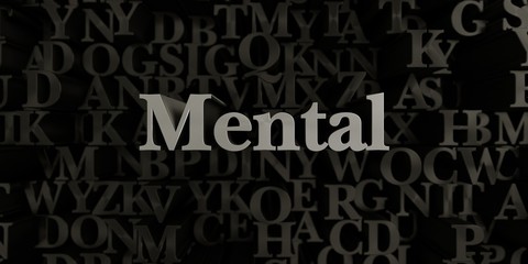 Mental - Stock image of 3D rendered metallic typeset headline illustration.  Can be used for an online banner ad or a print postcard.