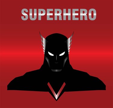 superhero. metallic winged head superhero with the black costume, isolated on the red metallic background. elegant superhero silhouette compose with text. half body of superhero combine with text