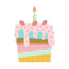 Vector sweet cake with candles illustration. Made in 80s memphis - 125466692