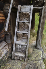 Fototapeta na wymiar Old homemade stairs from the 16th century at Rygnestadtunet
