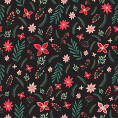 Christmas seamless pattern with decorative winter plants on a black background