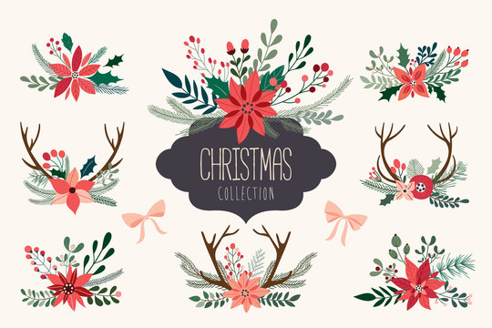 Christmas hand drawn decorative collection of floral arrangements with antlers and poinsettia, vector design