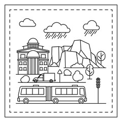 Coloring page for kids with houses, trees, mountains, trolleybus and traffic light. Vector illustration