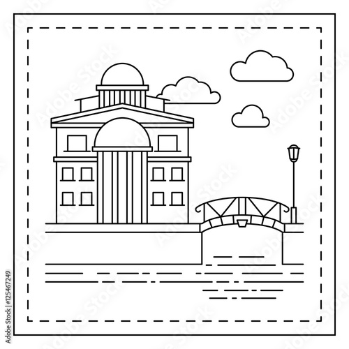 "Coloring page for kids with house and bridge. Vector illustration