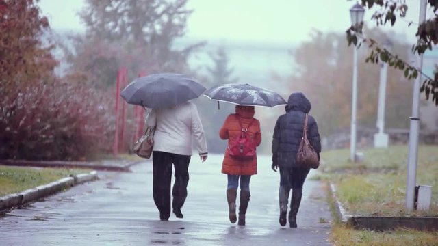 People with umbrellas walking in the street in a snowy and rainy autumn wet day. 1920x1080 . Depressive weather