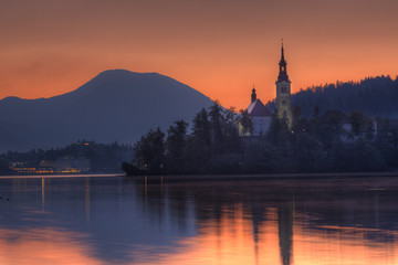 Church on island in Lake Bled on sunrise, Slovenia