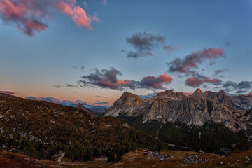 Mountain Cinque Torri (The Five Pillars) at sunrise, Dolomites, Italy