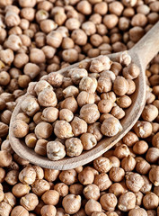 Wood spoon with many chick pea beans