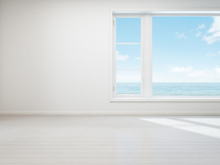 Fototapeta na wymiar Vintage white room with window in new home, Beach house - 3D rendering