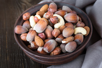 Selection of nuts - Hazelnuts, almonds, cashew.