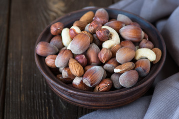 Selection of nuts - Hazelnuts, almonds, cashew.