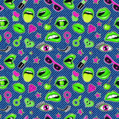 Naklejka premium Fashion patch badges seamless pattern. Lips, kissing, open mouth, hearts, tongue, stars. Vector illustration isolated over denim background. Stickers, pins, patches set in cartoon 80s-90s comic style.