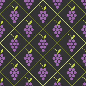 Seamless background with a pattern of vines in geometric squares. Purple grapes on a black background. Suitable for decoration of the menu, wine list, paper packaging for wine. vector illustration.